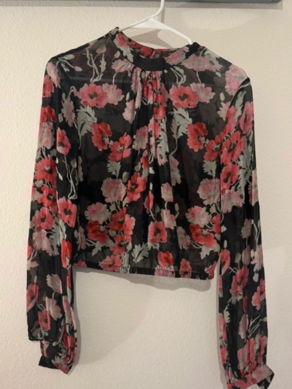Jill Stuart Black Sheer Floral Blouse with Pink & Red Blooms